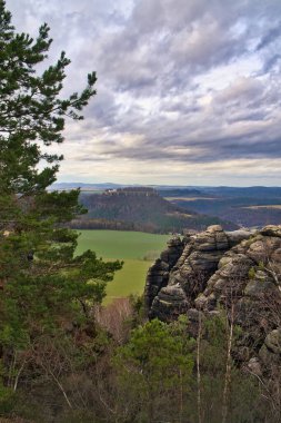 Pfaffenstein 'dan görüntü. Ormanlar, dağlar, uçsuz bucaksızlık, manzara. Elbe Kum Taşı Dağları 'ndan manzara.