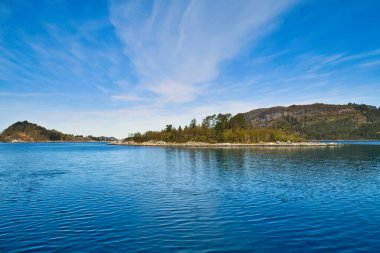 Norveç 'te açık denizin önündeki fiyortta kayalar ve ağaçlar olan bir ada. Su güneşte parlıyor. Kuzeyden manzara.