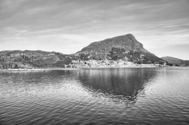 Norveç fiyort manzarası. Siyah ve beyaz engebeli bitki örtüsü olan dağlar. Kristal berrak su