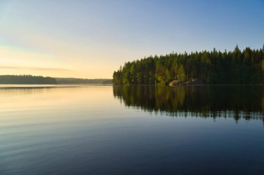 İsveç 'te gün doğumunda romantik ışık, mavi su ve kıyıda ağaçlarla birlikte göl. Kuzeydeki İskandinav doğası