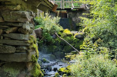 Yosun kaplı taşları ve yemyeşil bitkileri olan cennet gibi bir dere. Arka planda ahşap bir köprü var. Sahneyi ahenkli bir şekilde tamamlıyor.