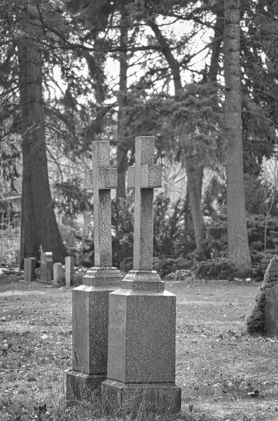 Huzurlu, ağaçlık bir mezarlıkta haçlı iki eski mezar taşı duruyor. Yıpranmış taşlar ve doğal çevre melankolik bir atmosfer yaratır..