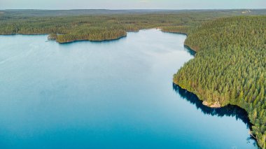 Orman çevresi, doğal güzellik, dinginlik ve uzak bir doğal cennetteki ekolojik çeşitlilikle derin mavi bir göl manzarası..