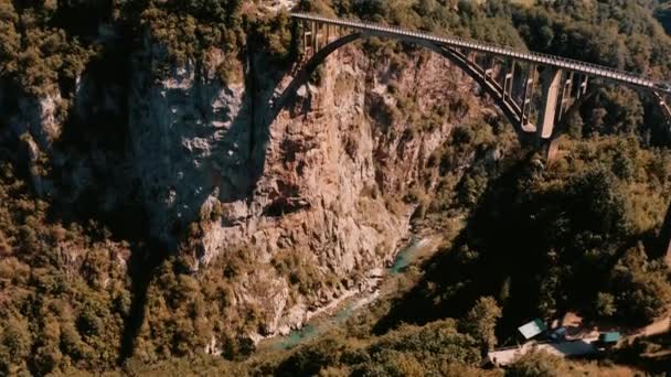 Drone Shot Van Tara Canyon Tara Rivier Auto Rijden Durdevica — Stockvideo