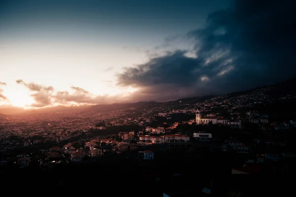 Drönare Syn Funchal Nattstad Ljus Och Mörker — Stockfoto