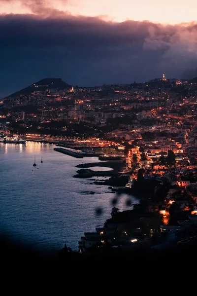 Vue Drone Funchal Nuit Ville Lumières Ténèbres — Photo