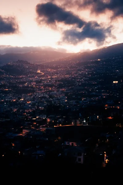 Widok Drona Funchal Nocne Miasto Światła Ciemność — Zdjęcie stockowe