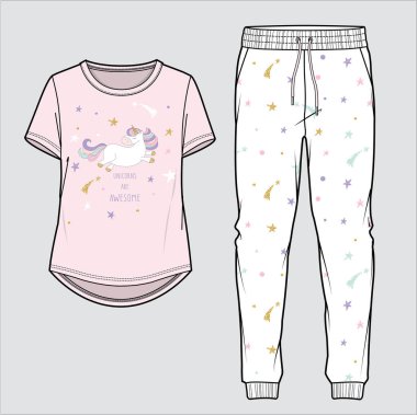 UNICORN GRAPHIC Zirvesi ve YILDILAR PATTERN BOTTOM PYJAMA KADINLAR VE KIZ KIZ KIZLARINA GİRİYOR