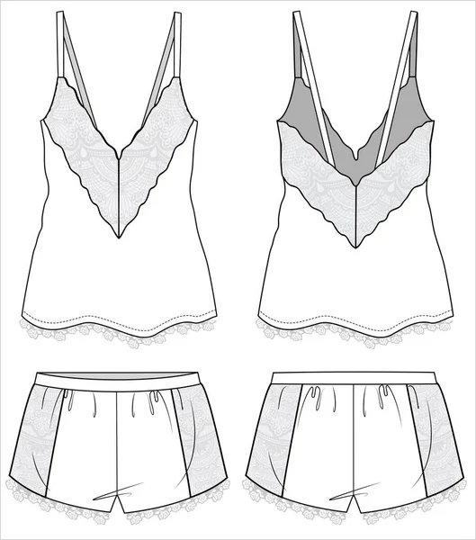 Lace Cami Shorts Flat Sketch Nightwear Set Für Frauen Und — Stockvektor