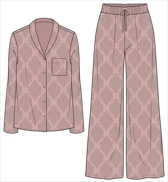 Shawl Collar Top Wide Leg Bottom Satin Matching Pyjama Set — Stockový vektor