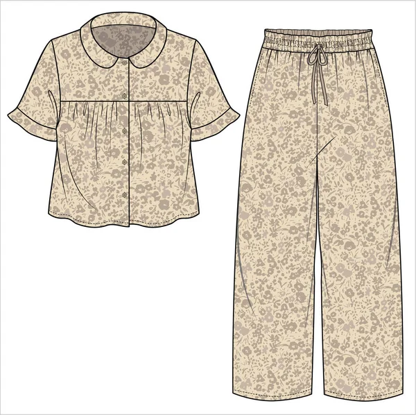Resort Collar Pajama Set Mit Frills Für Frauen Und Teen — Stockvektor