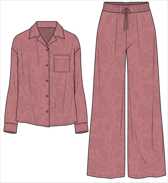 Notch Collar Top Wide Leg Bottom Satin Matching Pyjama Set — Stockový vektor