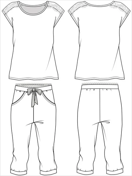 Mujeres Lacy Tee Capri Jogggers Set Nightwear Editable Vector File — Vector de stock