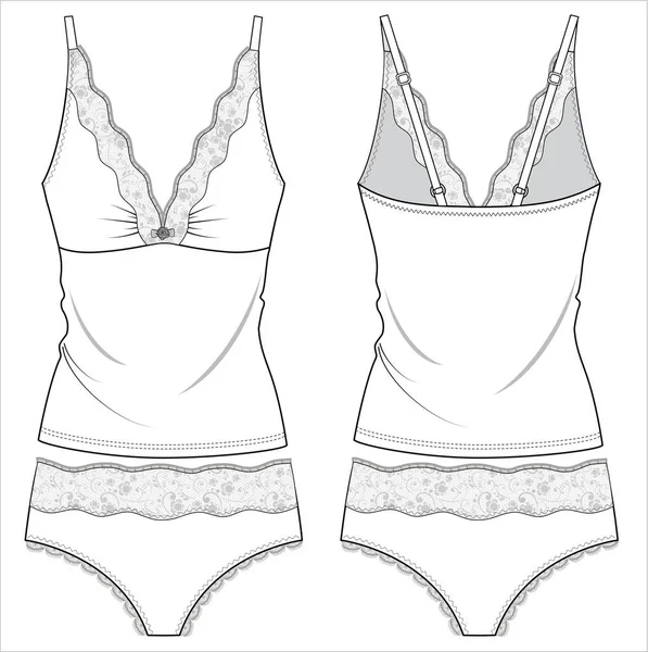 Lace Cami Curtas Flat Sketch Nightwear Set Para Mulheres Determinadas — Vetor de Stock
