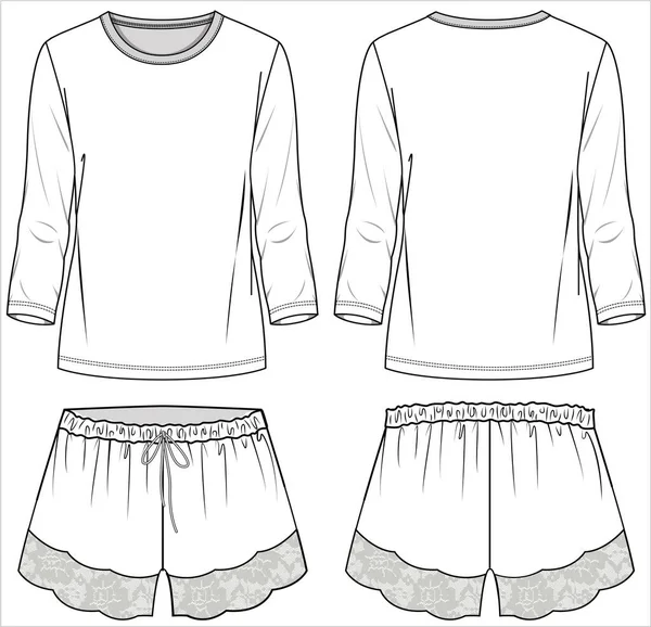 Women Long Sleeves Tee Lacy Shorts Nightwear Set Editable Vector — Stock Vector