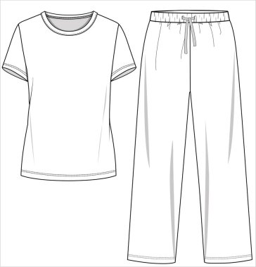 TEE AND AJAMA FLAT SKETCH OF NIGHTWEAR SET FOR WOMEN AND TEENN GIRLS IN EDITABLE VECTOR FILE clipart