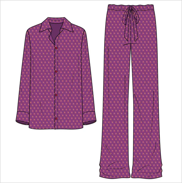 Plochý Náčrt Womens Satin Matching Pyjama Set Retro Seamless Tisku — Stockový vektor