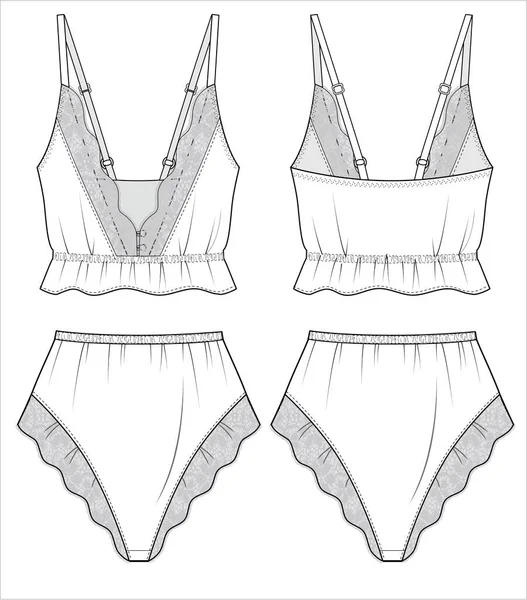 Cami Frill Shorts Women Bridal Matching Nightwear Set Editable Vector — Stock Vector