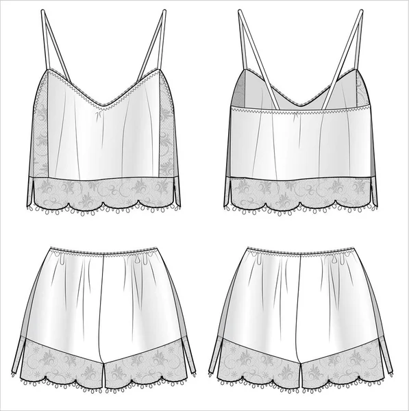 Womens Cami Shorts Satin Matching Nightwear Set Editable Vector File — Stock Vector