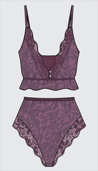 Femmes Lacy Tank Short Matching Nightwear Set Editable Vector — Image vectorielle