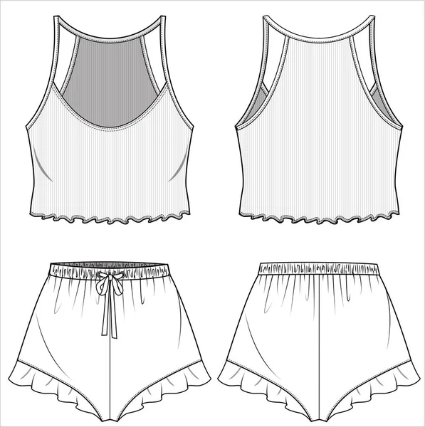 Ribbed Cami Printed Shorts Nightwear Set Women Teen Girls Editable — стоковий вектор