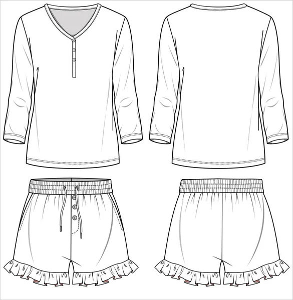 Väg Henley Long Sleeves Top Och Frill Shorts Nightwear Set — Stock vektor