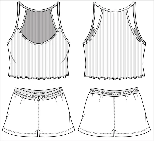 Ribbed Cami Printed Shorts Nighttwar Set Women Teen Girls Editable — Wektor stockowy