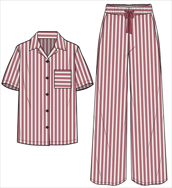 Seersucker Stripe Notch Collar Top Flared Bottom Matching Pyjama Set — Stockový vektor