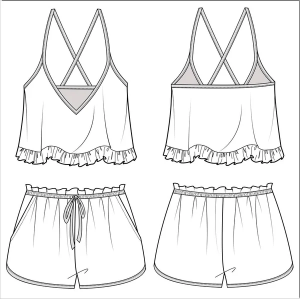 Cami Shorts Flat Sketch Van Nachtwear Set Voor Vrouwen Teen — Stockvector