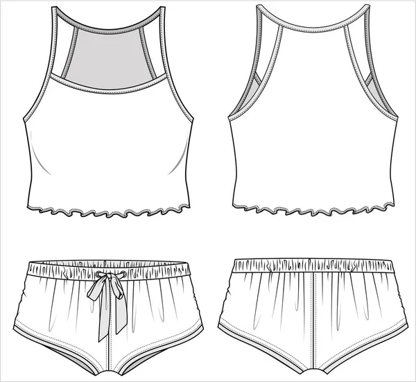 Cami Gathers Knit Boy Shorts Nightwear Set Women Teen Girls — Stock Vector