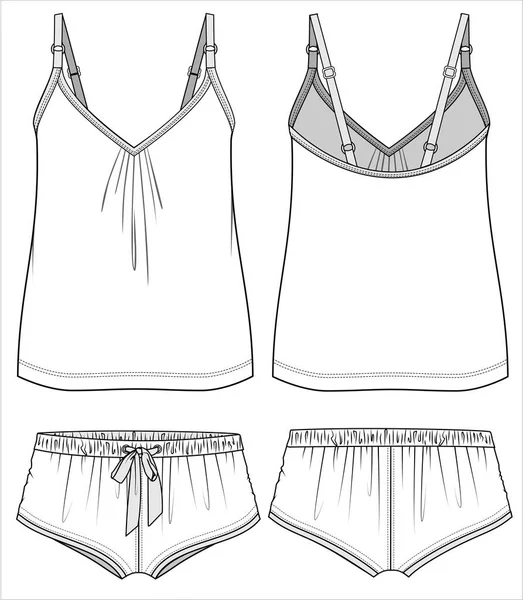 Cami Gathers Knit Boy Shorts Nightwear Set Women Teen Girls — Stock Vector