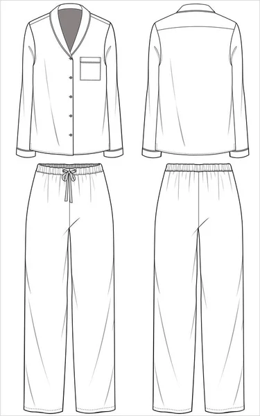 Shawl Collar Long Sleeves Top Straight Fit Bottom Pyjama Set — Stockový vektor
