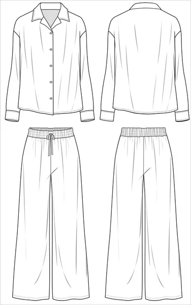 Resort Collar Long Sleeves Top Flared Bottom Matching Pyjama Set — Wektor stockowy