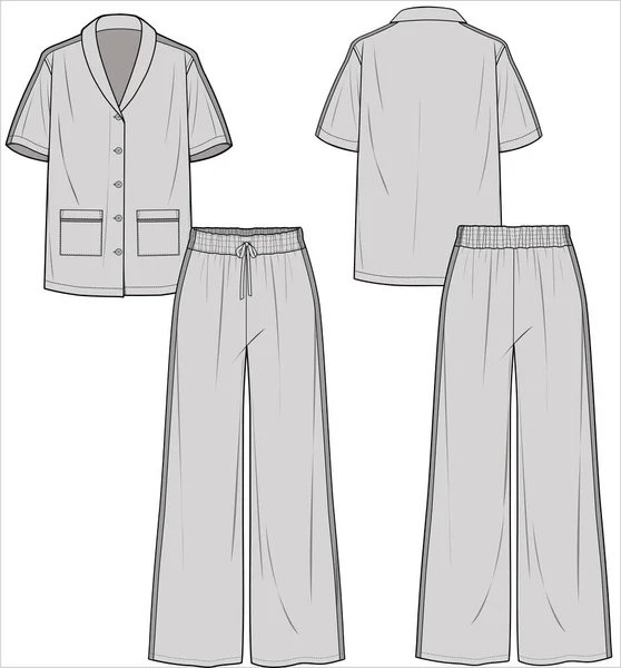 Resort Collar Long Sleeves Top Straight Leg Bottom Matching Pyjama — Stockový vektor