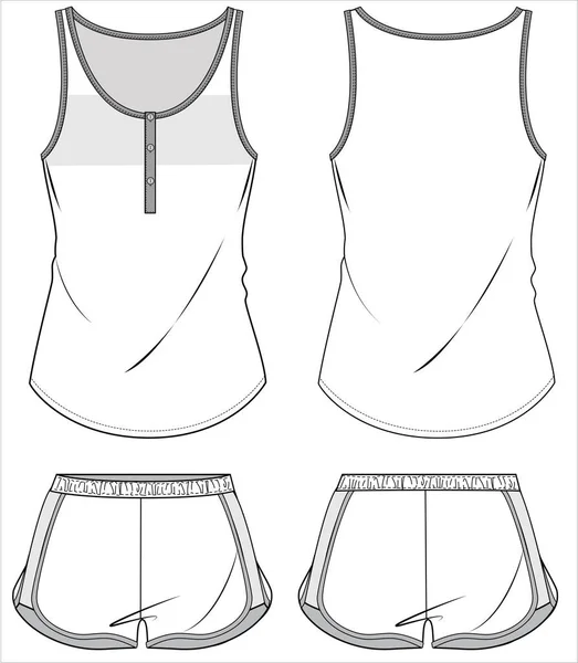 Sleeveless Tee Placket Knit Boy Shorts Nightwear Set Women Teen — Stockový vektor