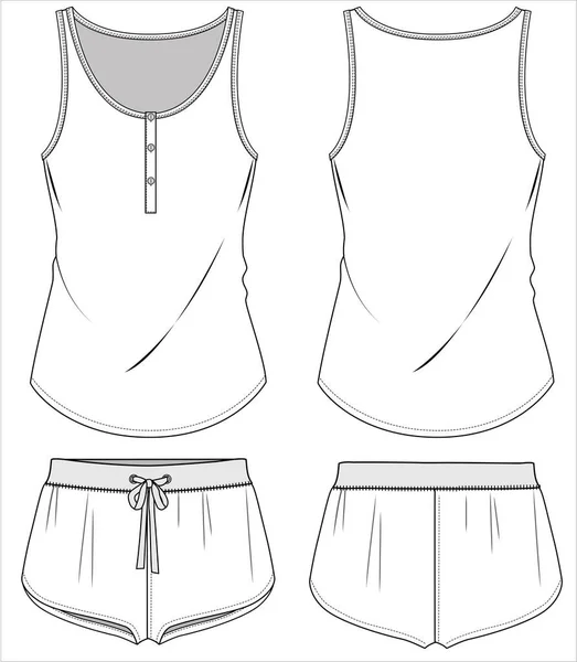 Sleeveless Tee Placket Knit Boy Shorts Nightwear Set Women Teen — Stock Vector