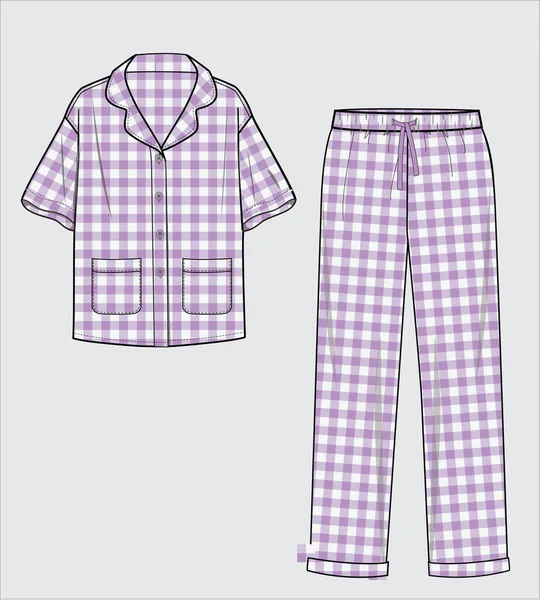 Kid Girls Dospívající Girls Gingham Pattern Top Pajama Set Vector — Stockový vektor