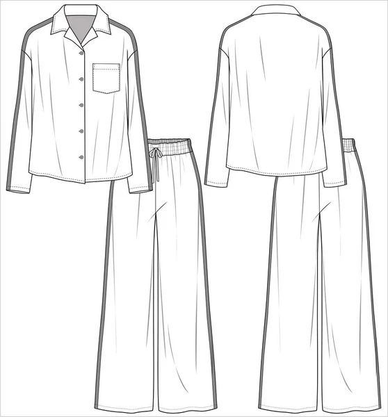 Shawl Colar Long Sleeves Top Srtaight Fit Bottom Pyjama Set — Vetor de Stock