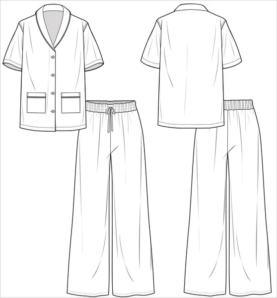 Shawl Colllar Short Sleeves Top Flared Bottom Matching Pyjama Set — стоковий вектор