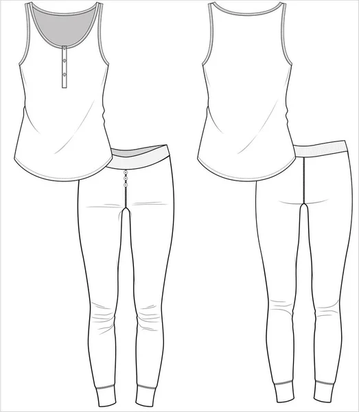 Sleevless Tee Placket Joggers Nightwear Set Women Teen Girls Editable — Image vectorielle