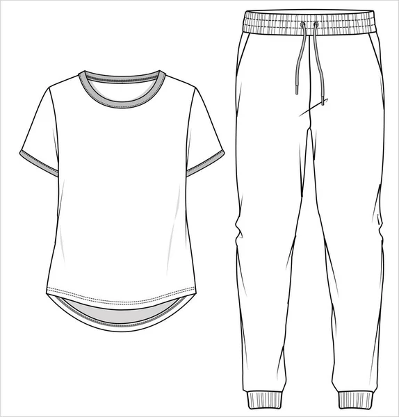 Tee Joggers Flat Sketch Nightwear Set Women Teenn Girls Editable — Stock Vector