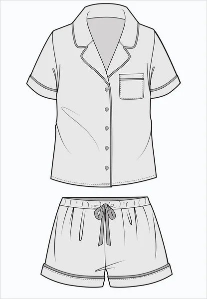 Notch Collar Top Shorts Flat Sketch Nightwear Set Women Teen — Stock Vector