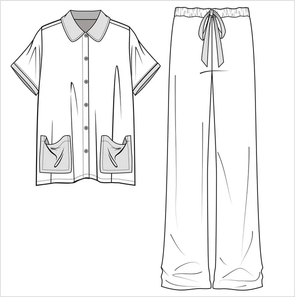 Short Sleeves Shirt Pocket Flared Pyjama Flat Sketch Nightwear Slip — стоковий вектор