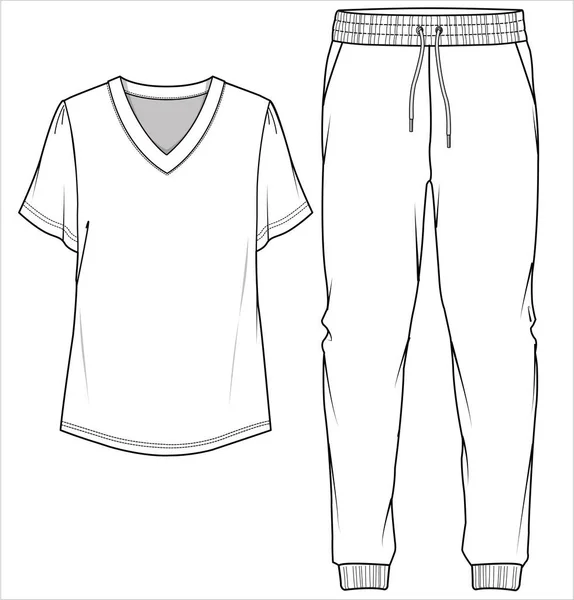 Tee Και Joggers Flat Sketch Nightwear Set Women Teen Girls — Διανυσματικό Αρχείο