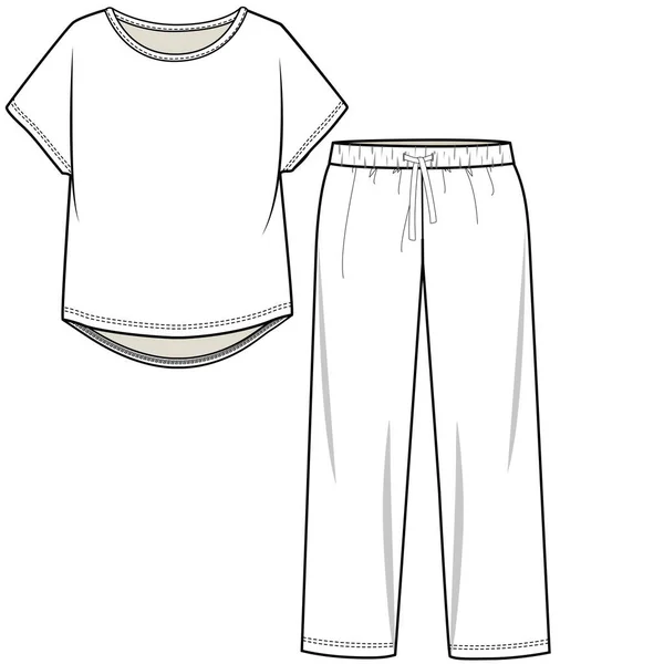 Kids Och Baby Tee Och Pajama Set Flat Sketch Vector — Stock vektor