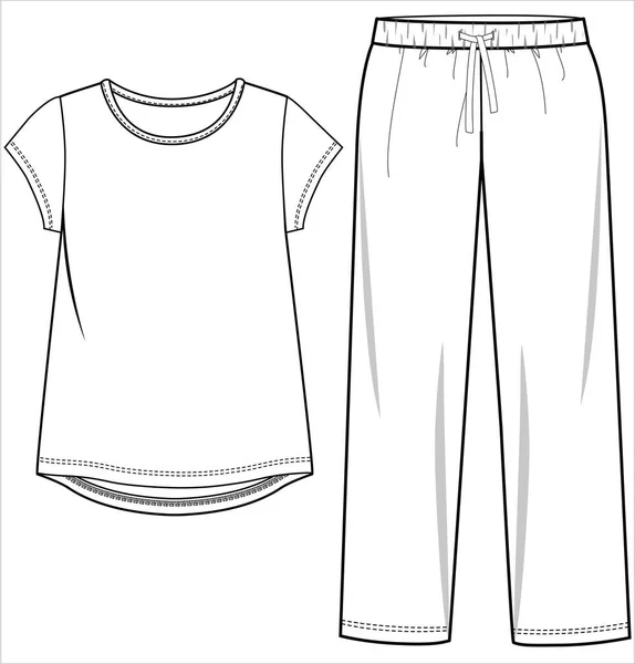 Tee Pajama Flat Sketch Nightwear Set Women Teen Girls Editable — Stock Vector