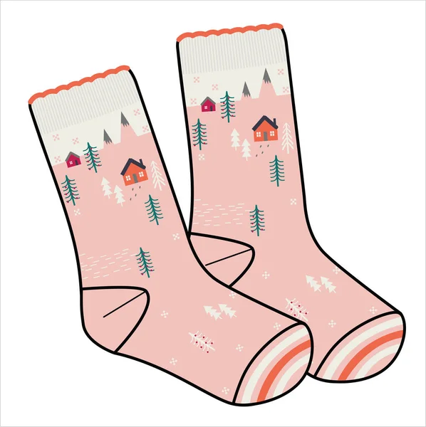 Trendy Winter Christmas Pattern Pair Socks Editable Vector File — Vetor de Stock