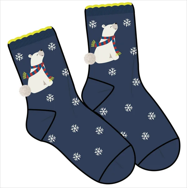 Trendy Winter Pair Socks Snowflakes Bear Pom Pom Balls Editable — Vetor de Stock