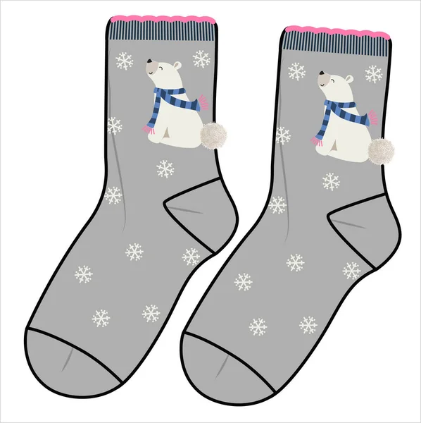 Trendy Winter Pair Socks Snowflakes Bear Pom Pom Balls Editable — Vetor de Stock