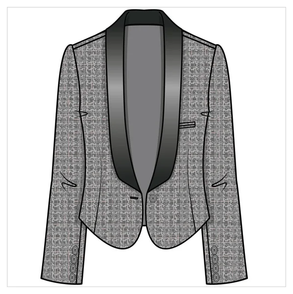 Tuxedo Blazer Mit Kurved Hemline Aschgrau Tweed Fabric Für Frauen — Stockvektor